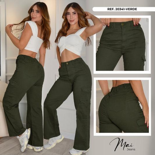 Pantalon Wide Cargo Tela Drill  Elástico Graduable Ref. 20341-Verde